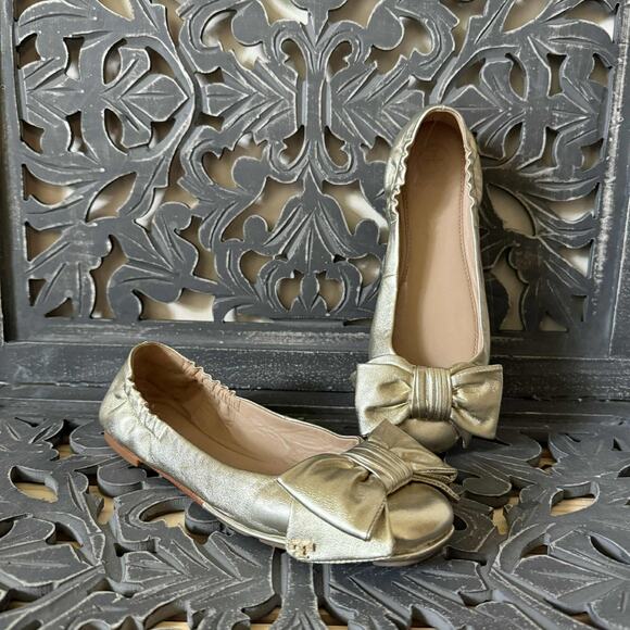 Tory Burch Bow Driver Ballerina Flats Divine Gold Metallic Leather Women Size 7 - Picture 1 of 14